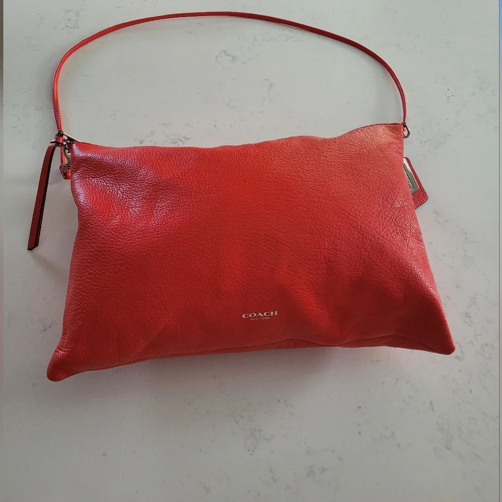 Coach Red Pebbled Leather Crossbody Bag Silver Hardware Foldover Clutch